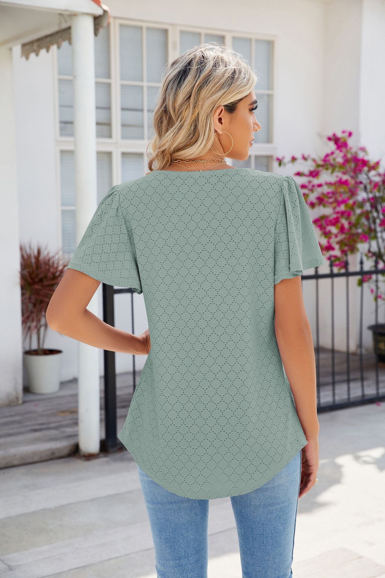 Square Collar Pleated Short Sleeve Loose Fitting Top