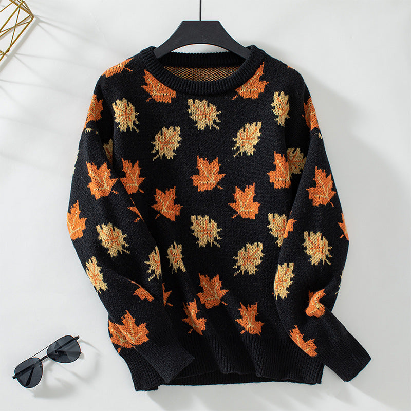 Autumn Maple Leaf Pattern Jacquard Casual Pullover Sweater