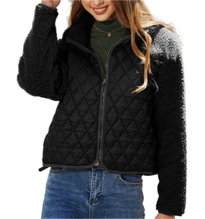 Autumn Winter Zipper Long Sleeve Plush Stitching Coat