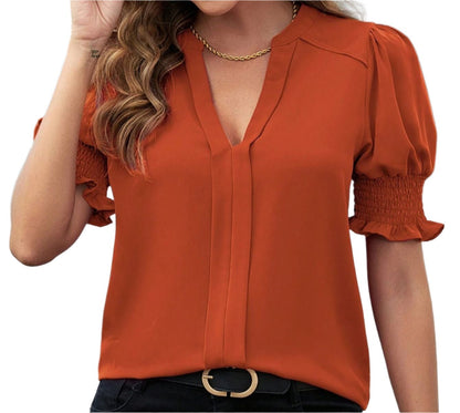 V-neck Elegant Puff Sleeve Solid Color Shirt Top