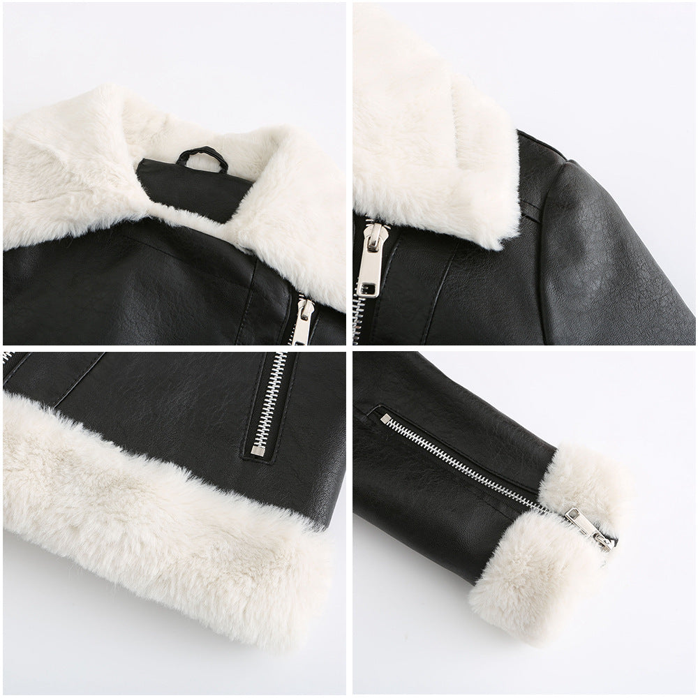 Fleece Leather European Warm Turn down Collar Coat Jacket