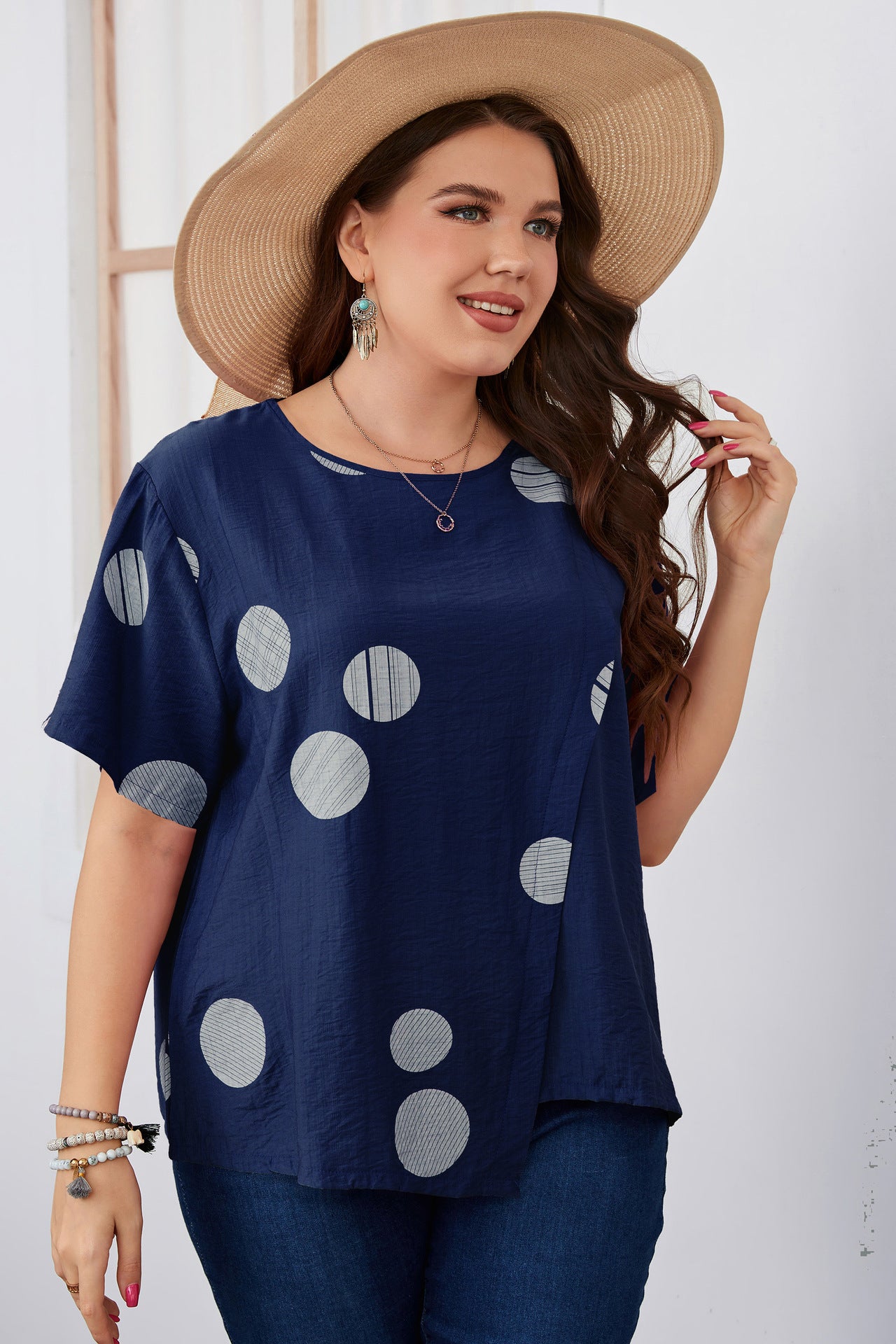 Plus Size Loose Polka Dot Short Sleeve Top