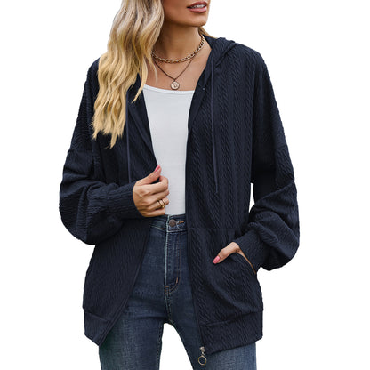 Solid Color Pocket Long-Sleeve Loose Hooded Sweatshirt