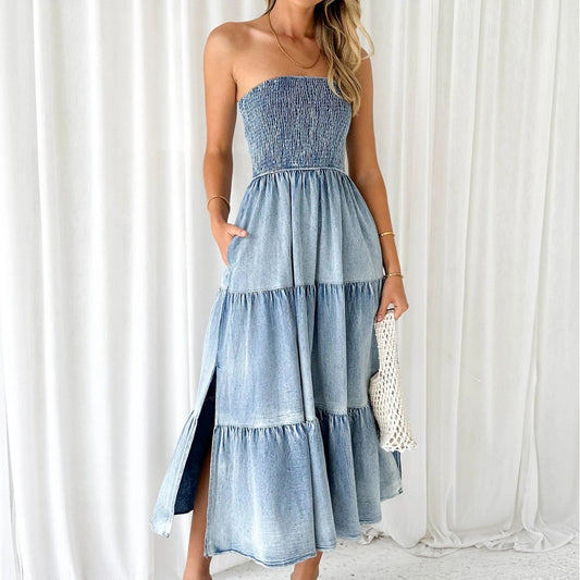 Elegant Hem Stitching Side Slit Denim Maxi Dress