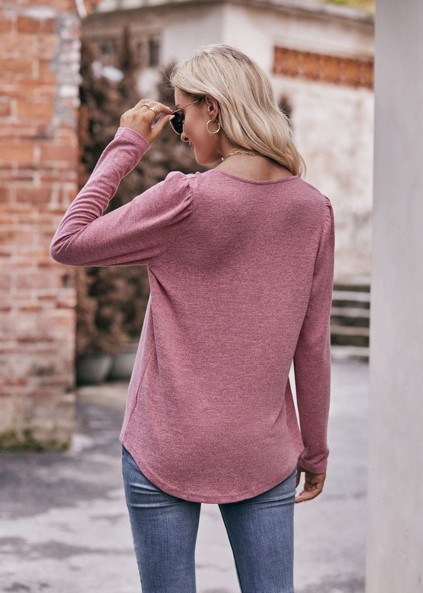 Casual Square Collar Pleated Long Sleeve Top