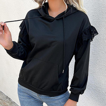 Long-Sleeve Ruffled Sleeves Solid Color Hooded Sweatshirt