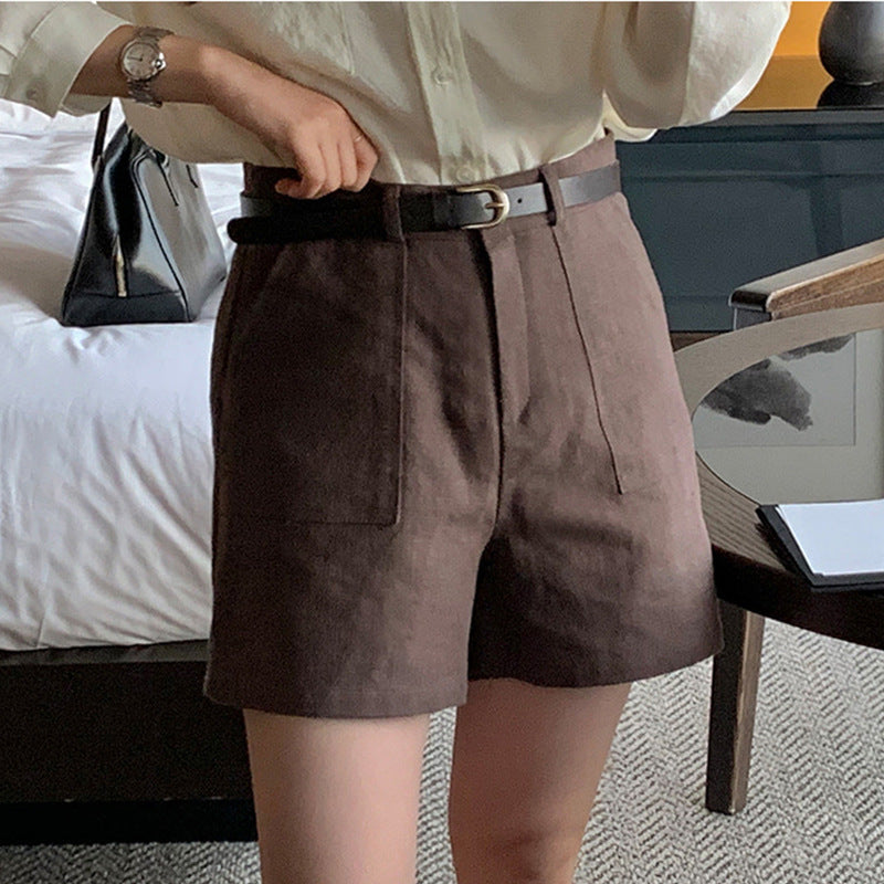 Cotton Linen Casual Double Pocket High Waist Shorts