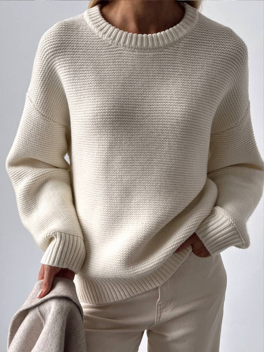 Knitted Pullover White Round Neck Sweater