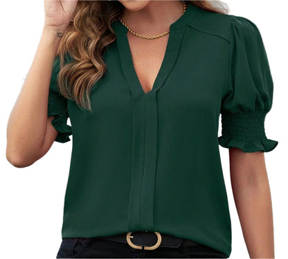 V-neck Elegant Puff Sleeve Solid Color Shirt Top