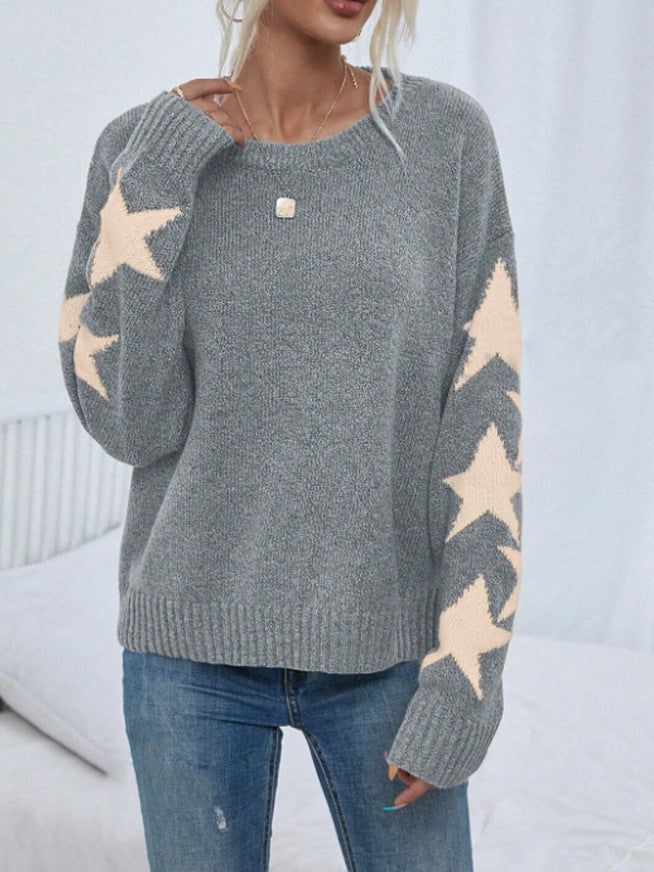 Long Sleeved Knitted Jacquard Round Neck Pullover Sweater