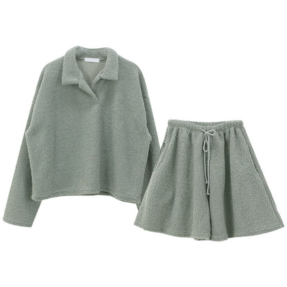 Fleece Long Sleeve Shorts Loungewear Set