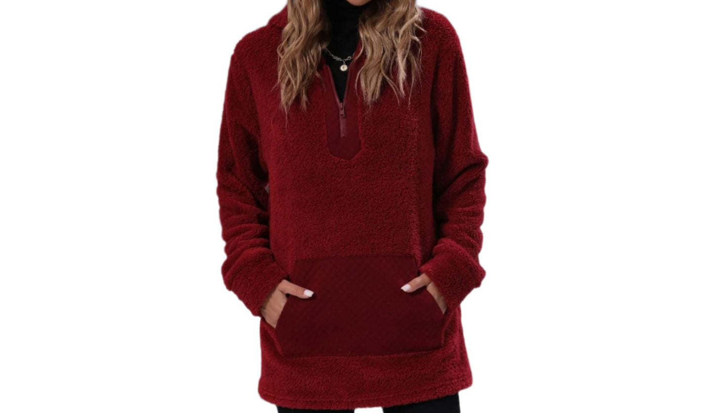 Hooded Long Sleeve Pullover Zip Stitching Plush Coat