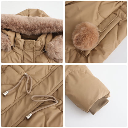 Cotton Detachable Wool Hooded Mid Length Parka Coat