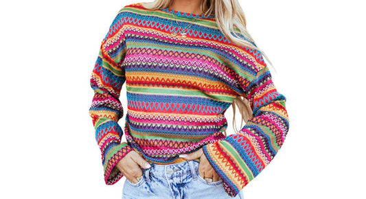 Color block Striped Drop Shoulder Long Sleeve Knitted Pullover Sweater