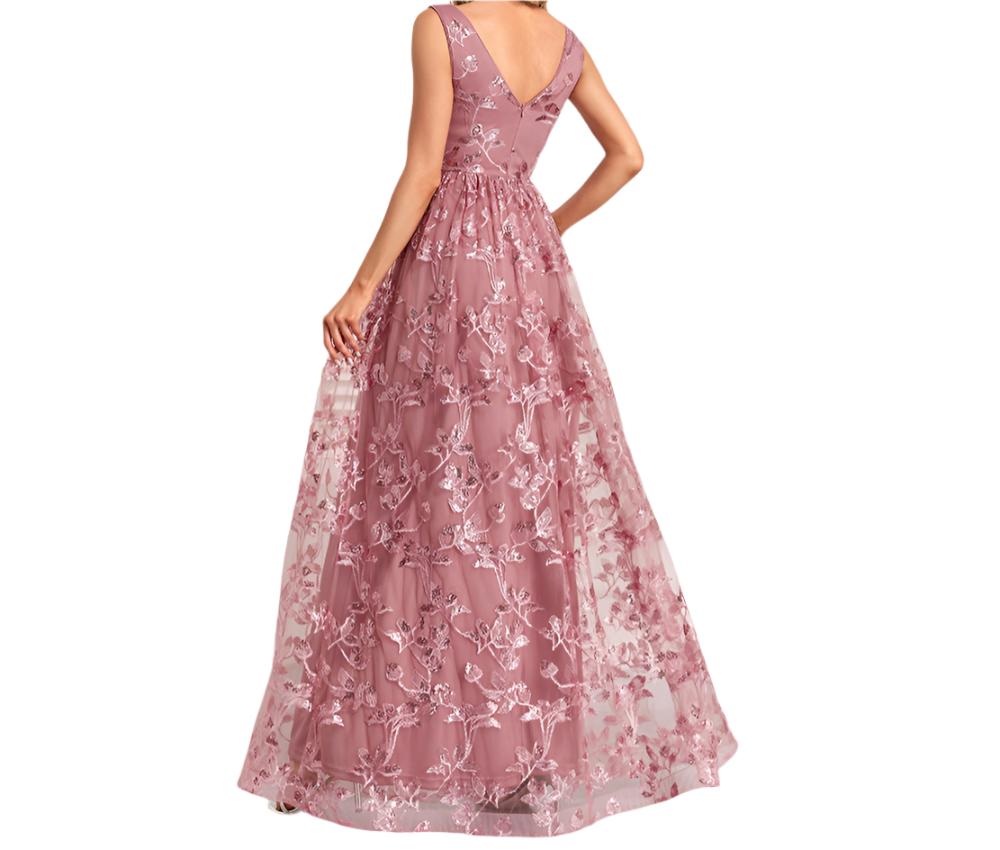 Mesh Floral Print Evening Dress