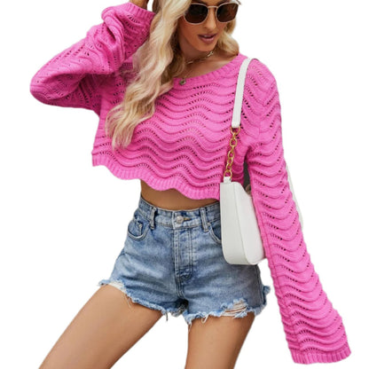 Hollow Cutout Wave Pattern Short Pullover Sweater