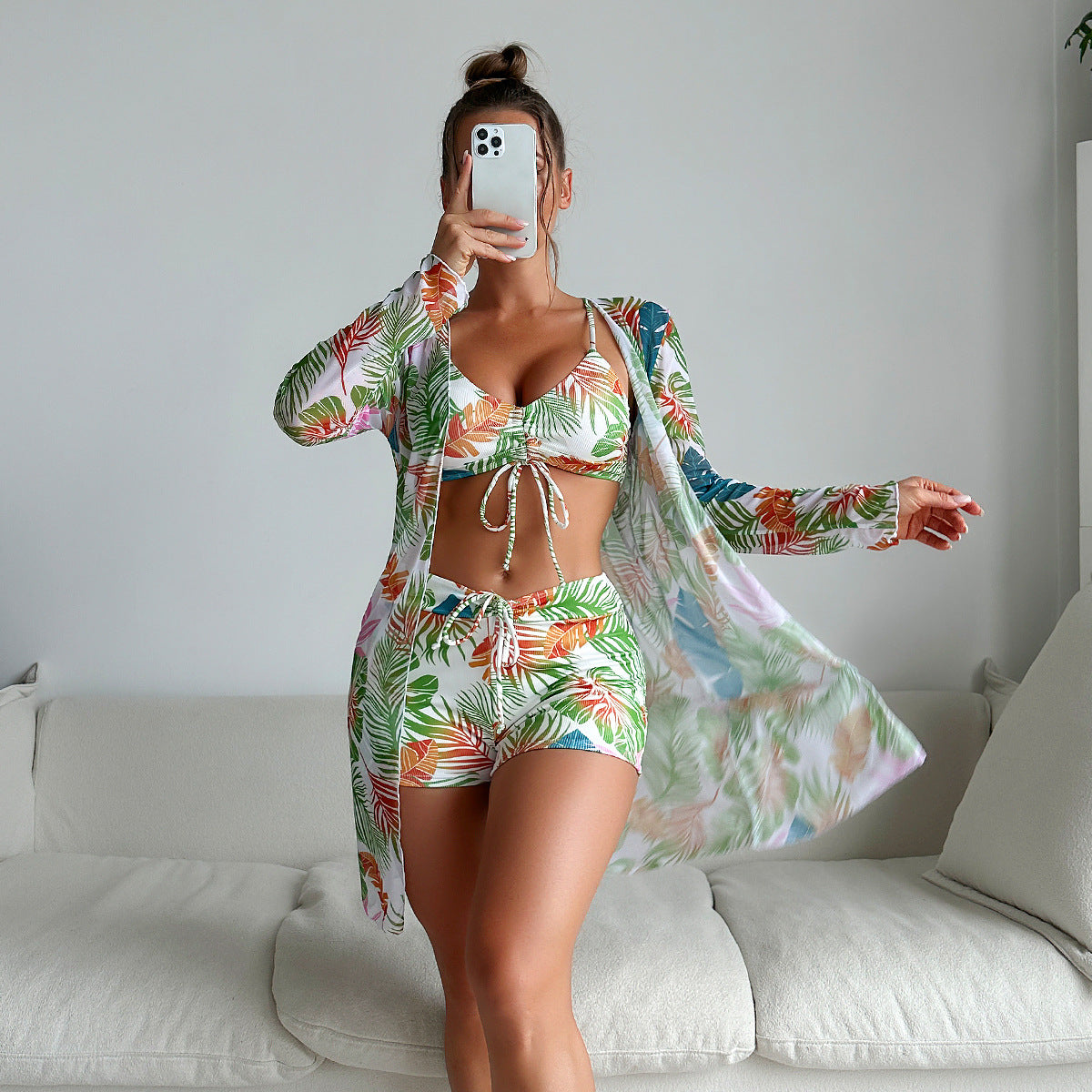 Split Three Piece Shorts Bikini Printed Coverup