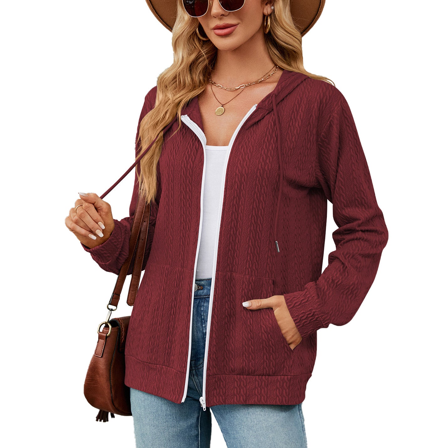 Loose Long-Sleeve Hooded Zip Jacket