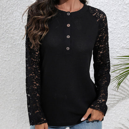 Elegant Sexy Cutout Lace Stitching See through Long-Sleeve Top