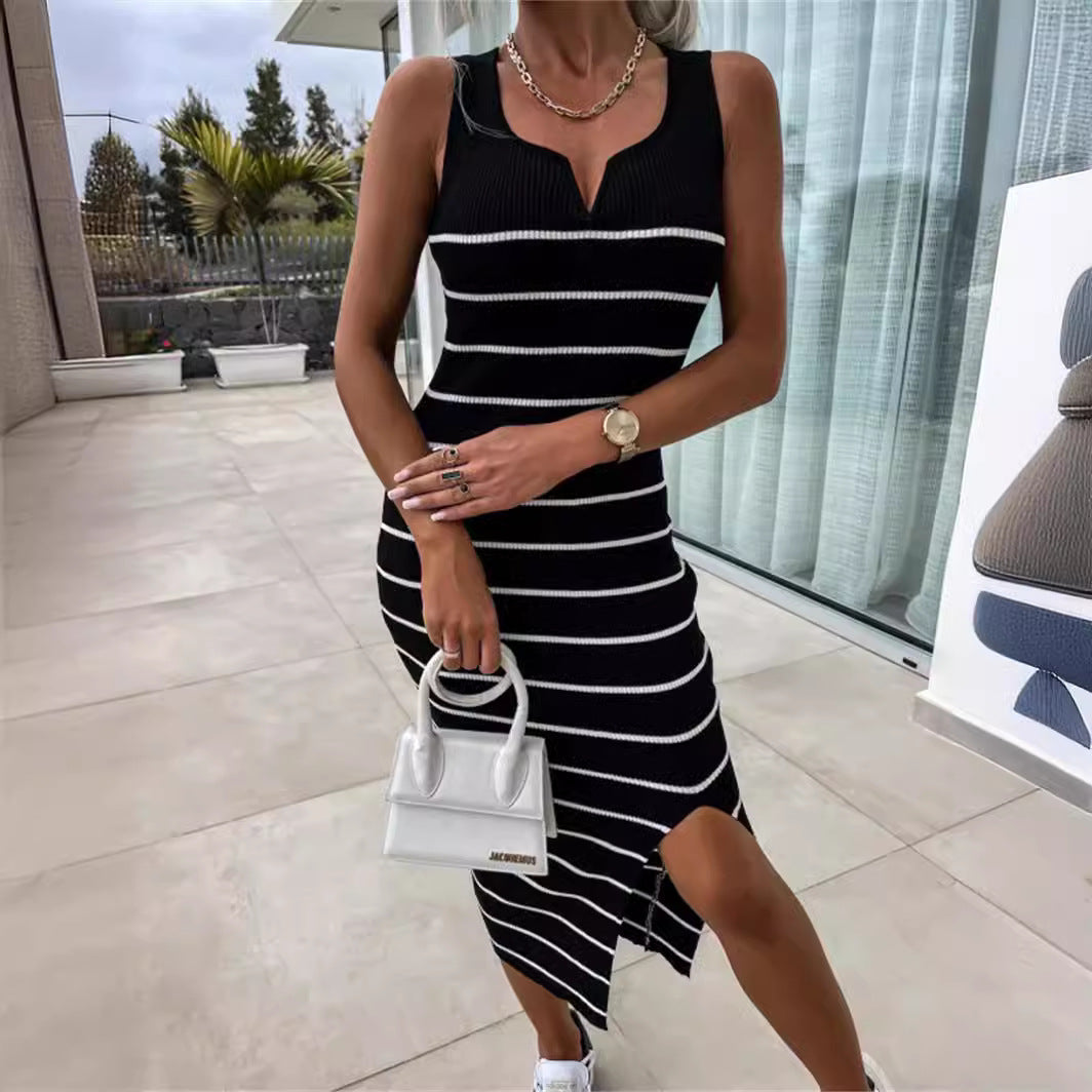 Sexy Striped Knitted Skinny Hip Sleeveless Split Mid Length Dress