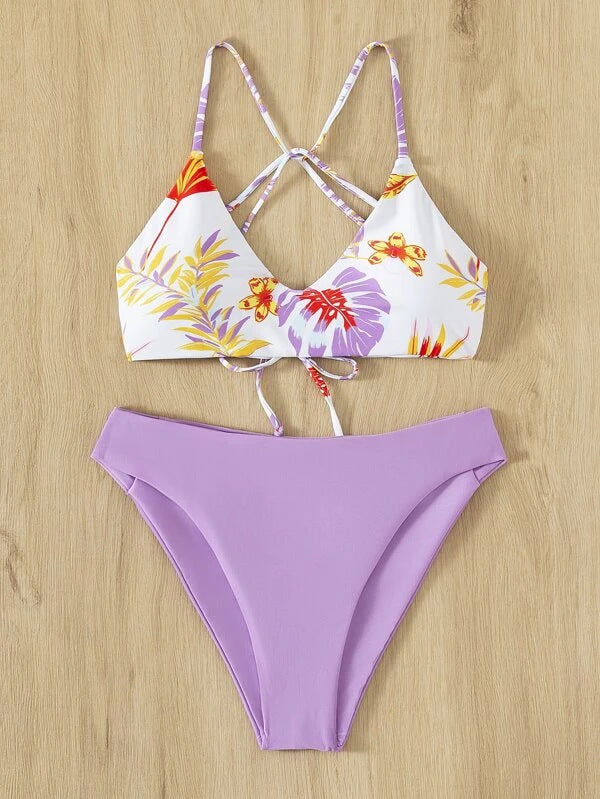 Floral Swimsuit Criss Cross Split Bikini