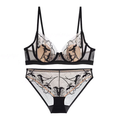 French Mesh Embroidery Contrast Color Sexy Push-up Breathable Bra Set