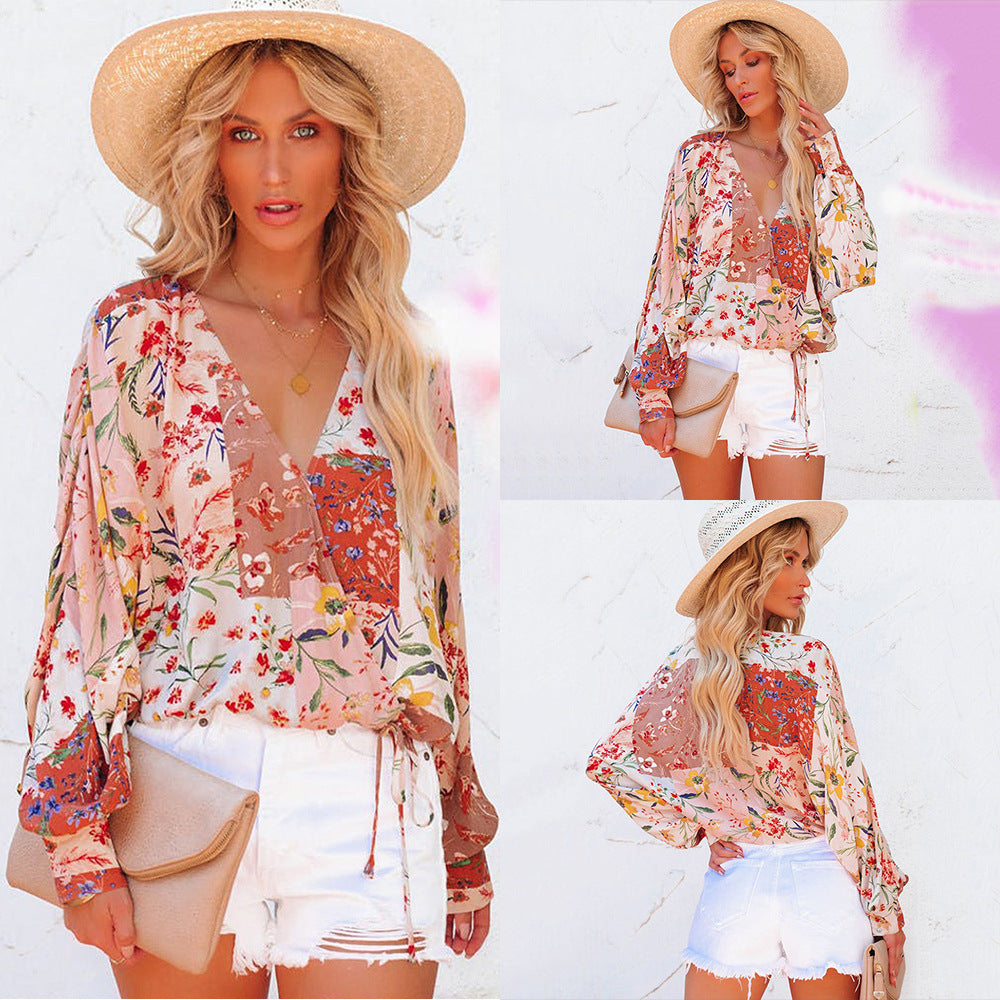 Floral V-Neck Long Sleeve Loose Casual Shirt