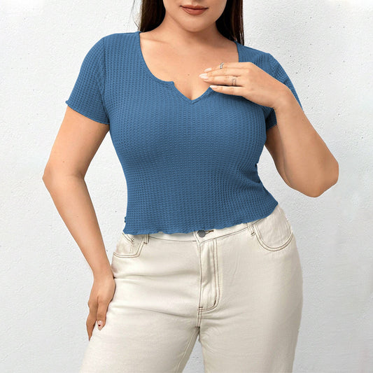 Plus Size Waffle Breathable Slim Solid Color Top