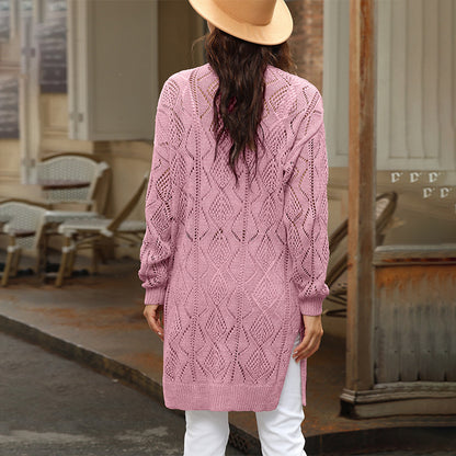 Long Sleeved Button Hollow Cutout Long Cardigan