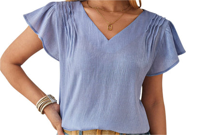 V-neck Fabric Petal Sleeve Loose Top