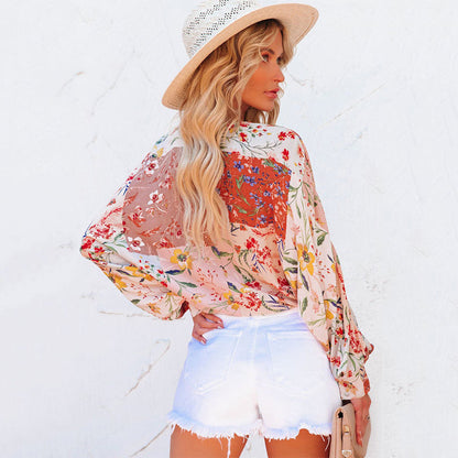 Floral V-Neck Long Sleeve Loose Casual Shirt