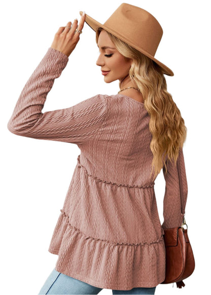 Solid Color V-Neck Button Stitching Loose Long Sleeved Top