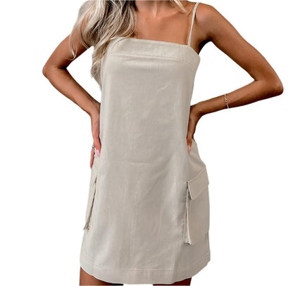 French Cotton Linen Square Collar Sling High Waist Dress