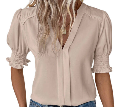 V-neck Elegant Puff Sleeve Solid Color Shirt Top