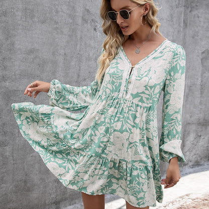 Loose Casual Floral Lace Splicing Pullover Long Sleeve V-Neck Printed Dress
