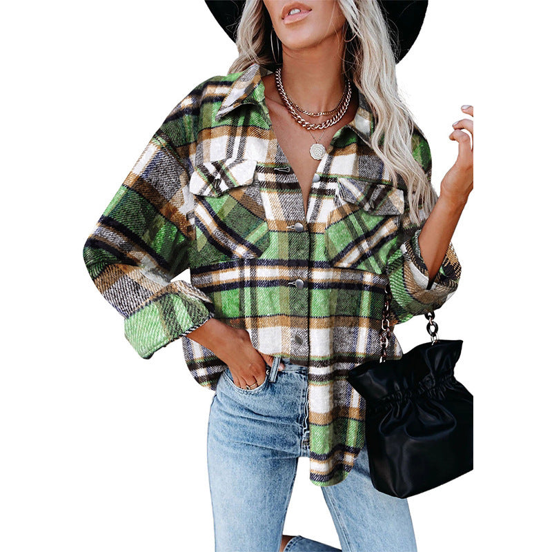 Large Pocket Loose Plaid Mid-Length Shacket