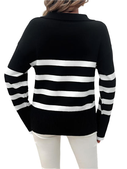 Casual Contrast Color Lapels Sweater