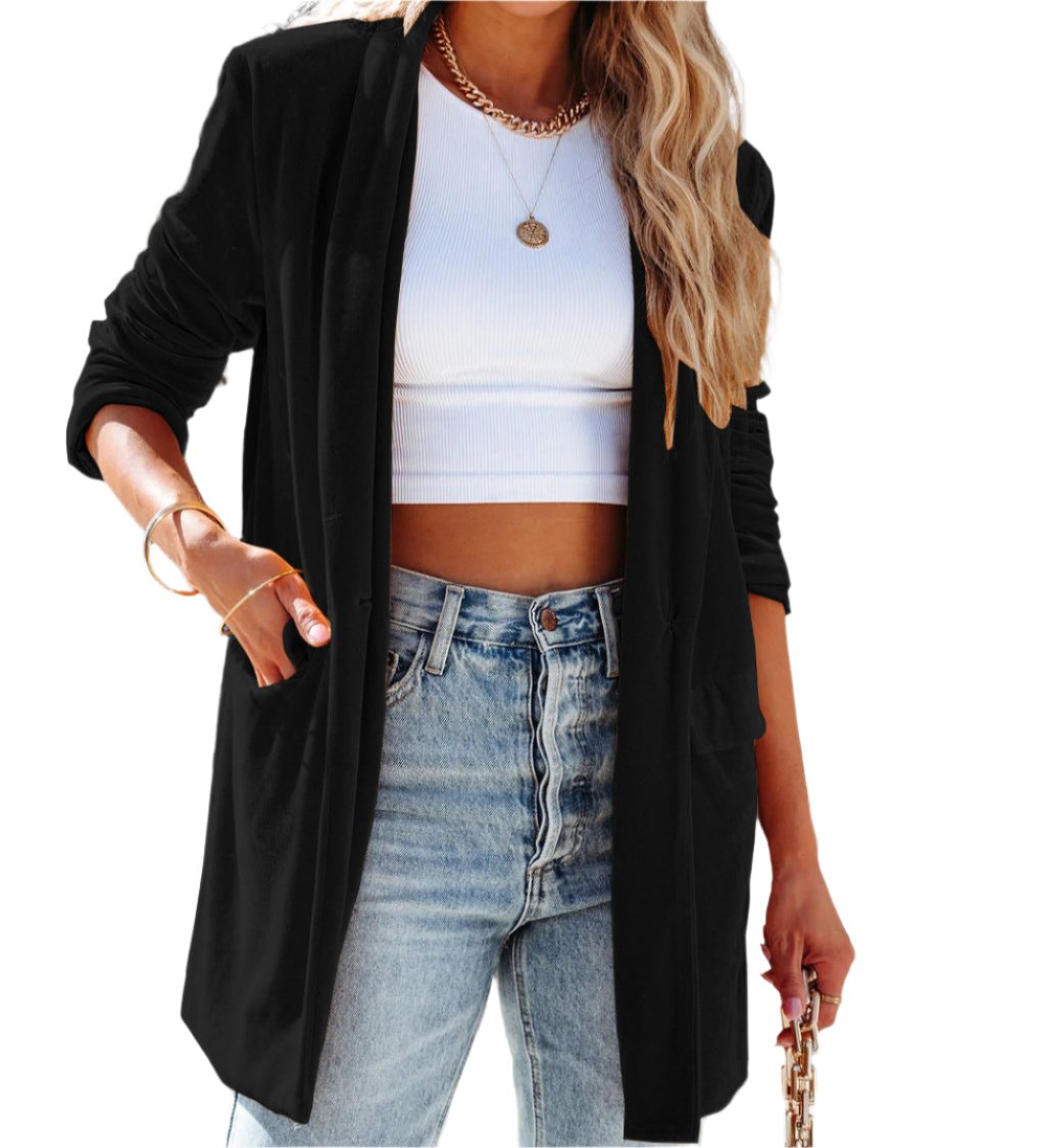 Velvet Stretch Pocket Long Sleeve Cardigan