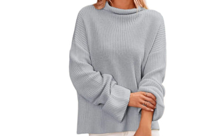 High Collar Slit Hemline Bell Sleeve Sweater