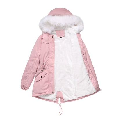 Cotton Padded White Fur Collar Parka Mid Length Hooded Coat