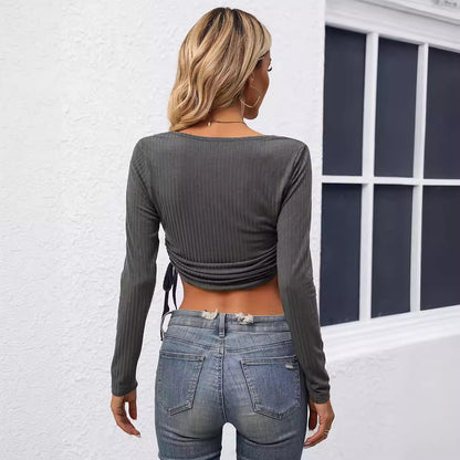 Sexy V-Neck Slim Fit Side Drawstring Cropped Top