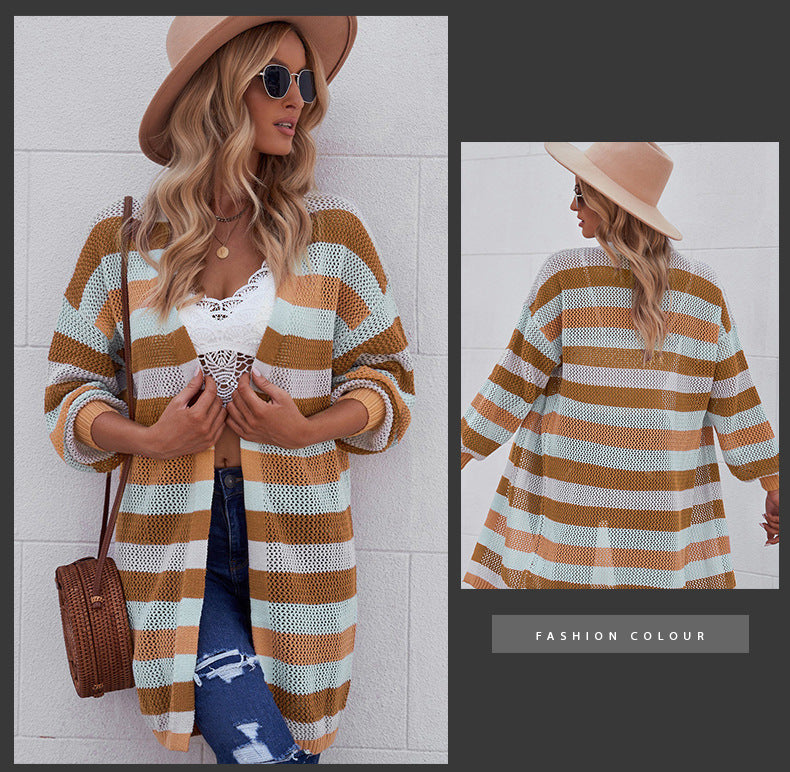 Striped Contrast Color Mid Length Long Sleeve Cardigan