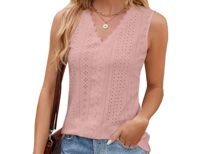 V-neck Lace Stitching Loose Fitting Sleeveless Tank Top