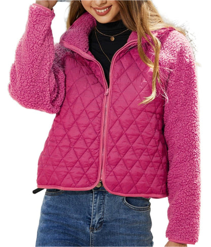 Autumn Winter Zipper Long Sleeve Plush Stitching Coat