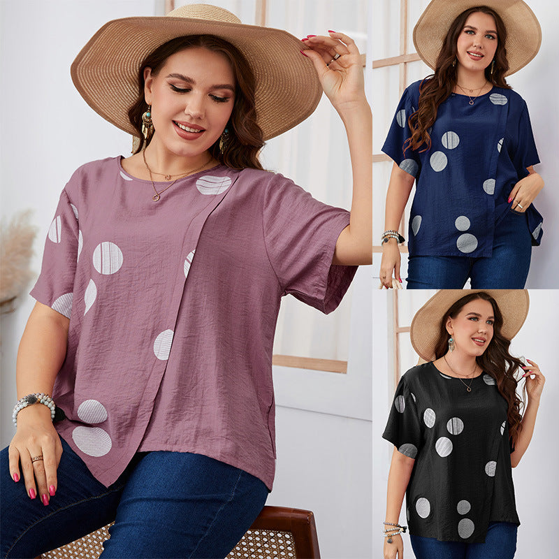 Plus Size Loose Polka Dot Short Sleeve Top