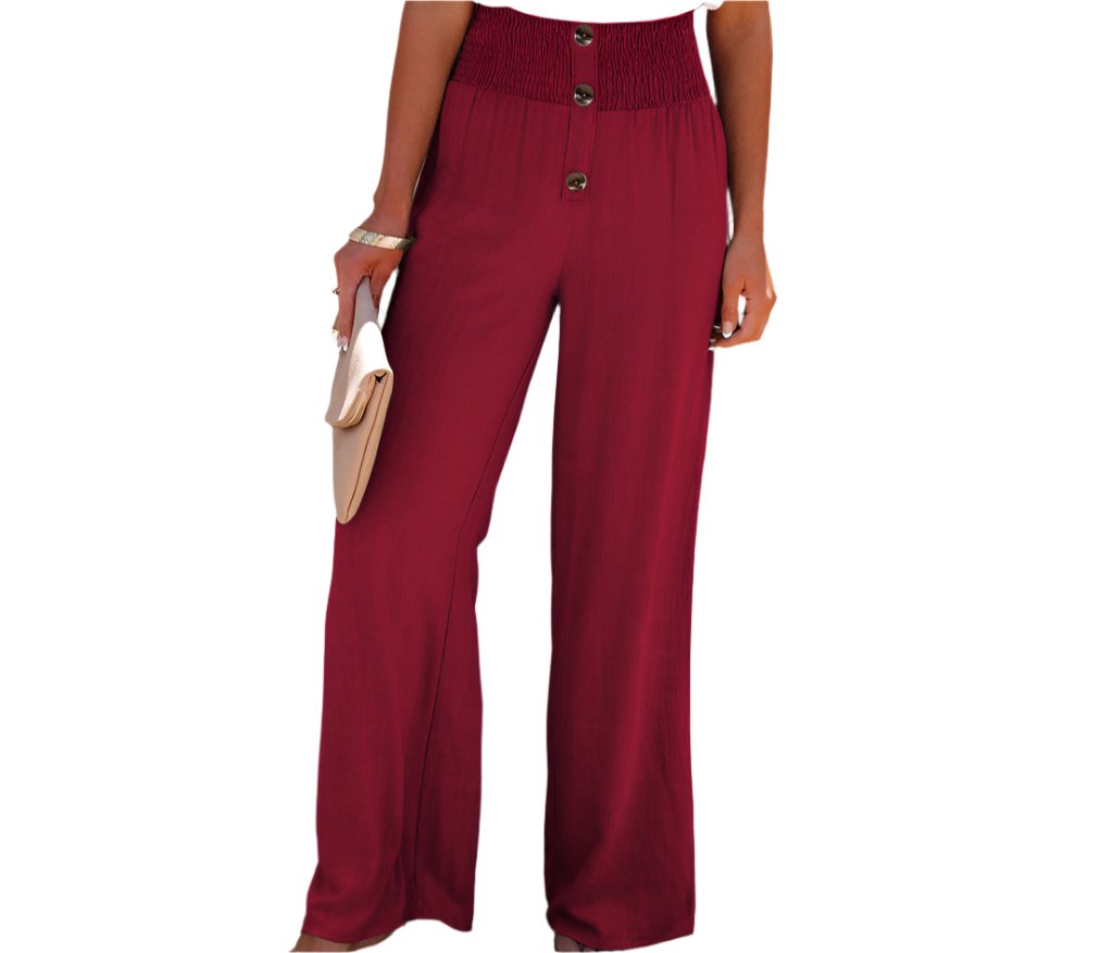 Casual Button Elastic Waist Wide Leg Pants