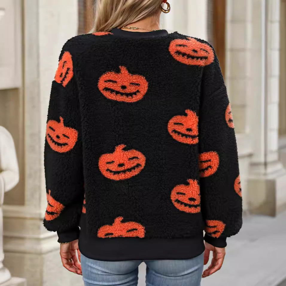 Halloween Printed Plush Loose Pullover Sweater