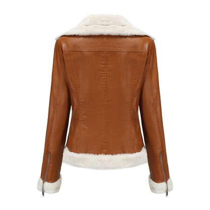 Fleece Leather European Warm Turn down Collar Coat Jacket