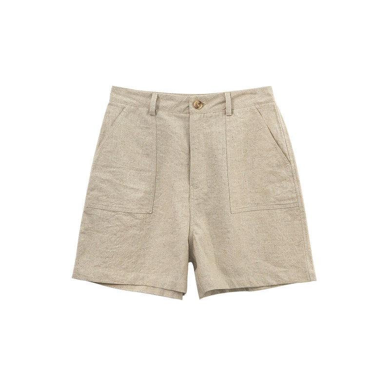 Cotton Linen Casual Double Pocket High Waist Shorts