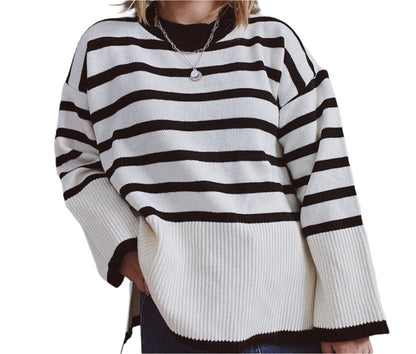 Loose Knitted Striped Side Slits Sweater